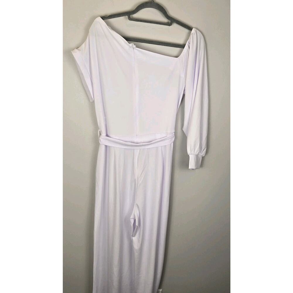 White Poly Spandex Jumpsuit Flare Leg HiLo Sleeves Belted 26" Inseam. RESORT NEW - Picture 5 of 8